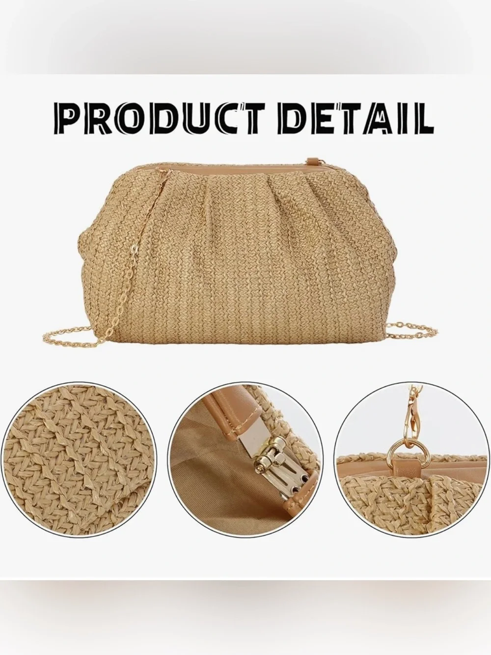 Straw Clutch Purse for Women Summer Beach Bag Dumpling Clutch - Picture 5 of 7